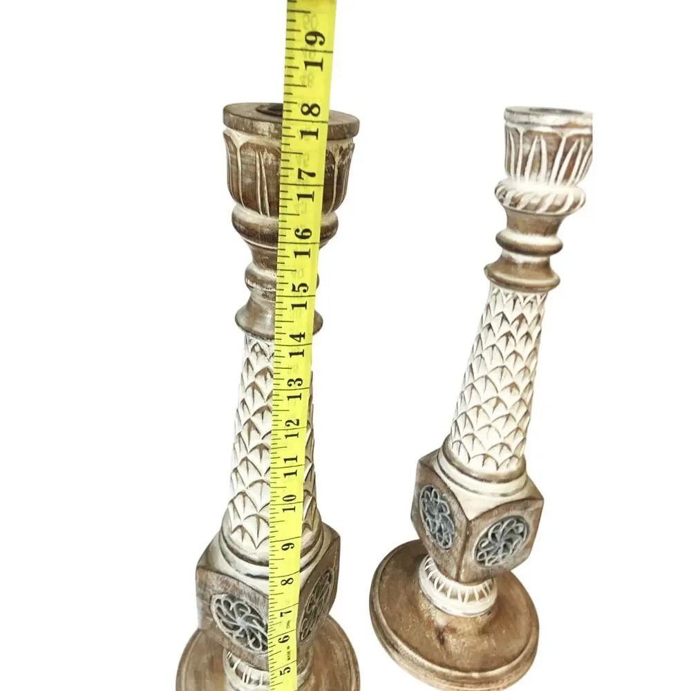 Pier 1 Hand-Carved Wood Candle Holders: Whitewashed Boho Decor